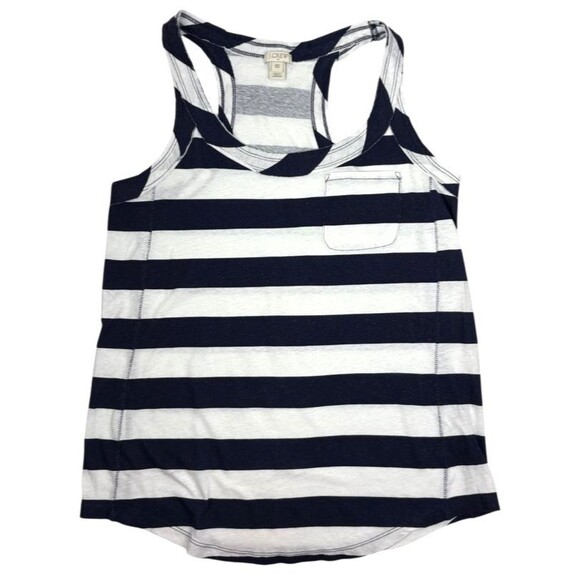 J Crew Linen Cotton Racerback Slub Tank Top Raw Edge Navy Stripe Nautical XS - Picture 1 of 10